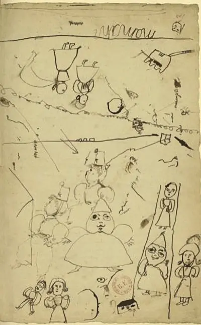 Bâtiments et personnages dessins enfantins f° 405r