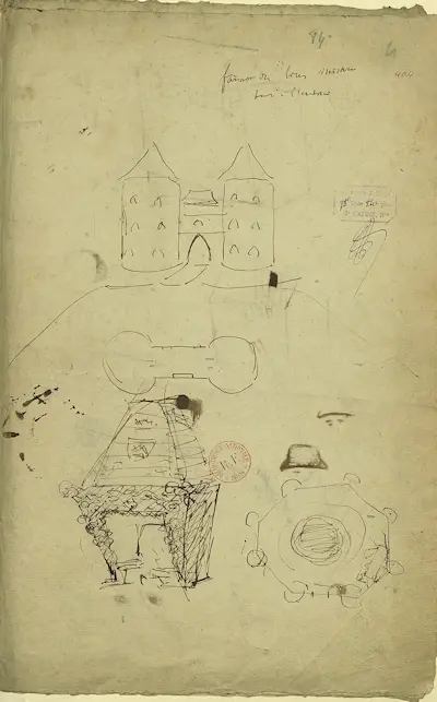 Porte de ville à deux tours cheminée plan d un édifice octogonal f° 404r